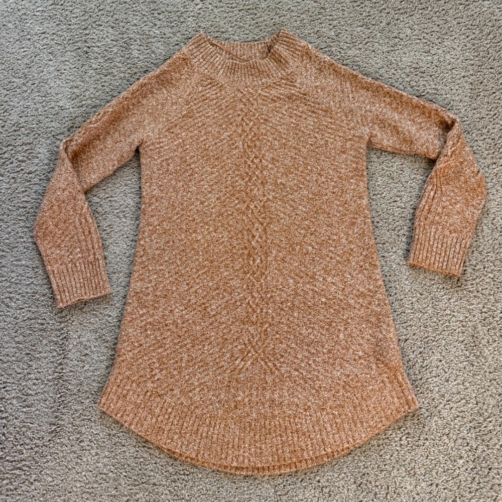 Prana Womens XL Ginger Orange Marl Cable Knit Mock Neck Tunic Sweater